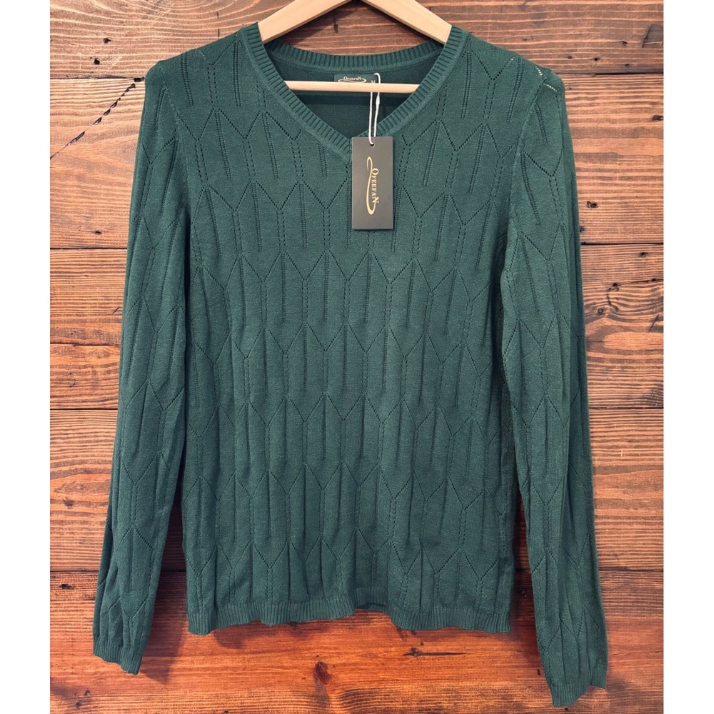 Green V-Neck Sweater Womens Medium Diamond Knit Pullover Preppy Cottagecore Fall